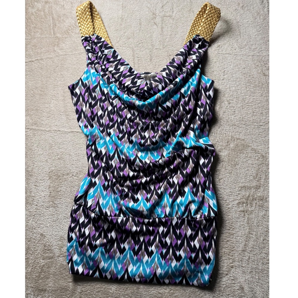 Y2K Studio Y Medium Geometric Chevron Cowl Neck Top Gold Braided Straps Boho